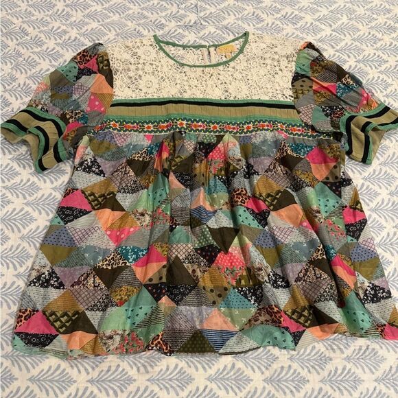 Anthropologie VERB Patchwork Embroidered Lace Floral Puff Sleeve Top - Picture 4 of 10
